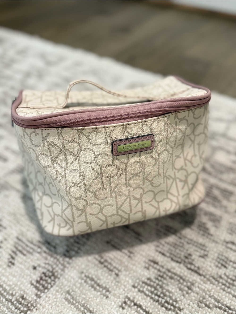 Calvin Klein Cream Cosmetic Case with Pink Trim